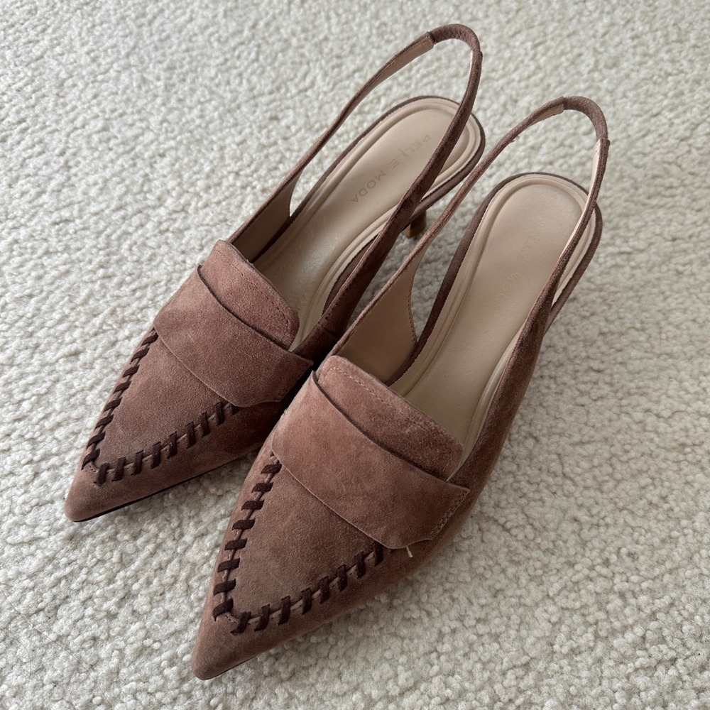 Pelle Moda Brown Suede Pointed Toe Slingback Kitten Heel Loafers Womens 8.5 M
